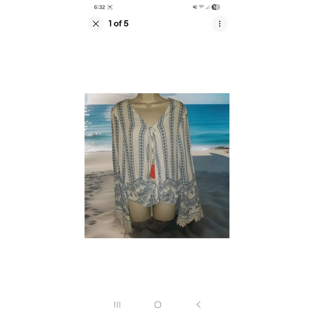 Crochet Trumpet Sleeved Boho Peasant Top Faux knotted open front Tassel Tie Sz M